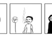 draw a simple black and white 3 panel comic small2