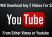 capture any 2 Youtube or Vimeo video for you and either email/send the file to you or upload it to your channel