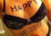 wish happy halloween or advertise any text written on my boobs and my stomach